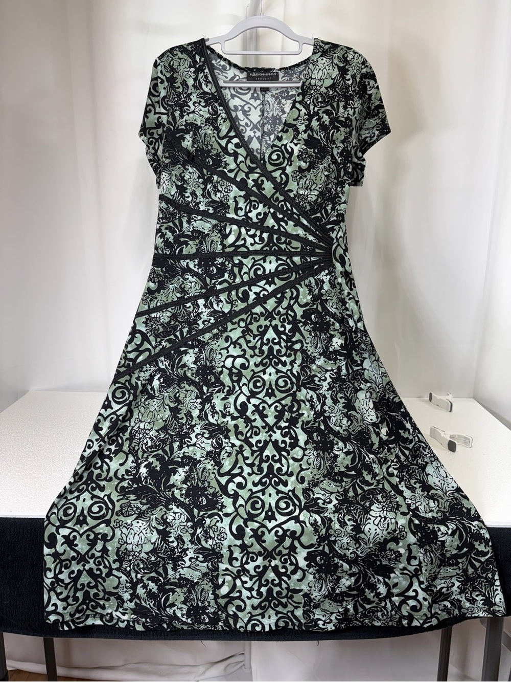 connected apparel Mint Green and Black Patterned Wrap-Style Midi Dress 3977